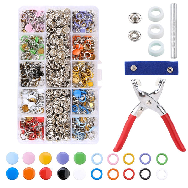 Metal Snaps Buttons With Fastener Pliers Press Tool Kit (10 Colors,9.5mm)