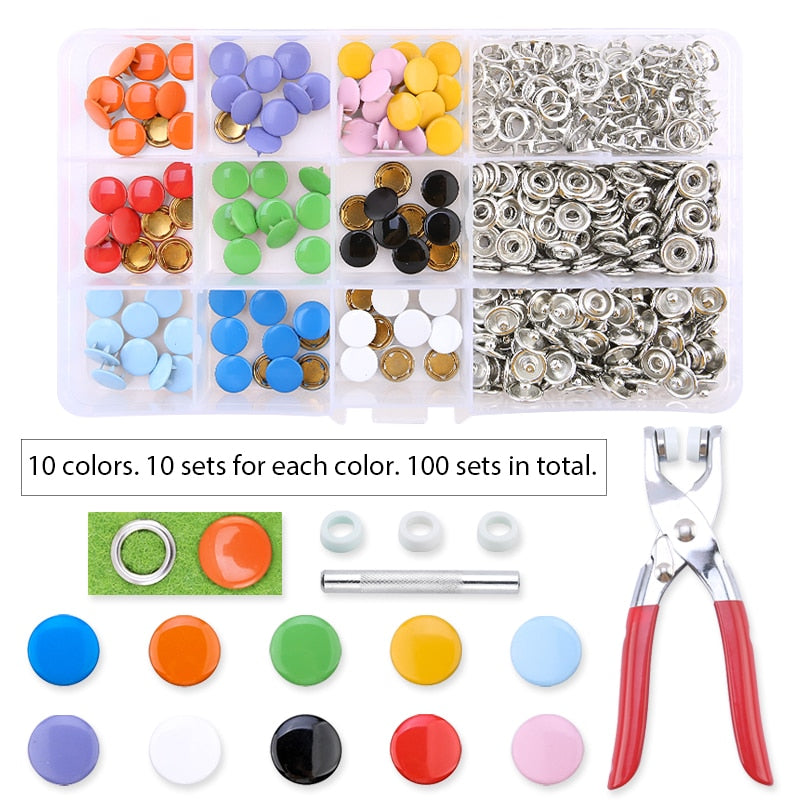 Metal Snaps Buttons With Fastener Pliers Press Tool Kit (10 Colors,9.5mm)