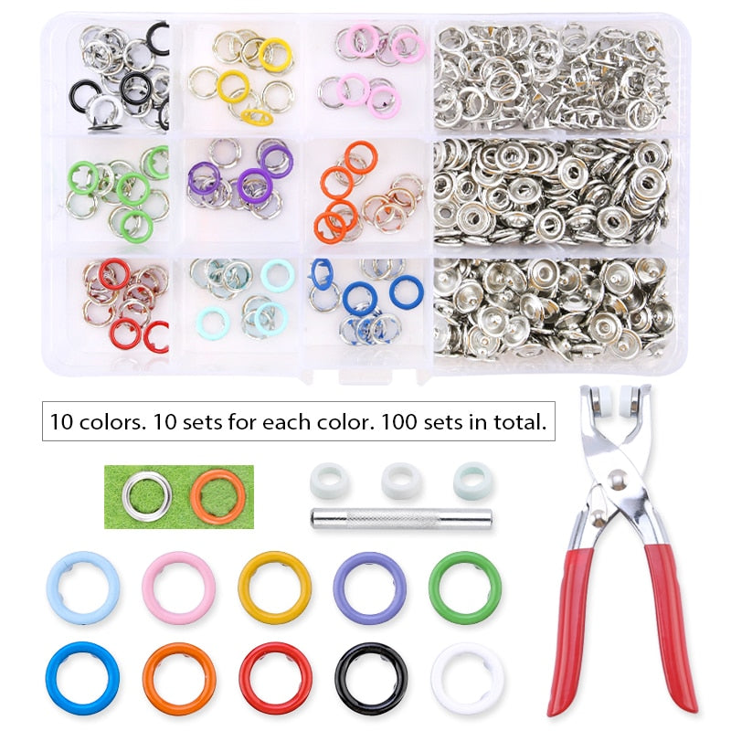 Metal Snaps Buttons With Fastener Pliers Press Tool Kit (10 Colors,9.5mm)