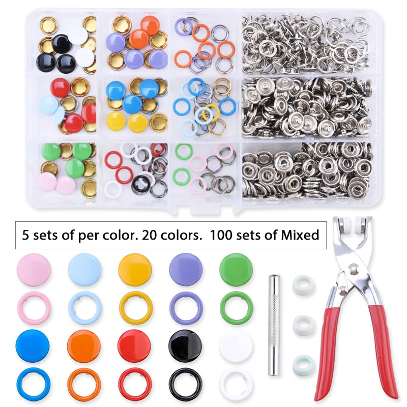 Metal Snaps Buttons With Fastener Pliers Press Tool Kit (10 Colors,9.5mm)