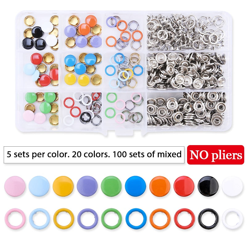 Metal Snaps Buttons With Fastener Pliers Press Tool Kit (10 Colors,9.5mm)