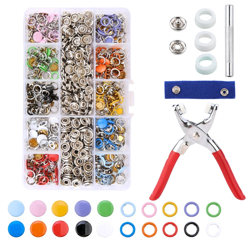 Metal Snaps Buttons With Fastener Pliers Press Tool Kit (10 Colors,9.5mm)