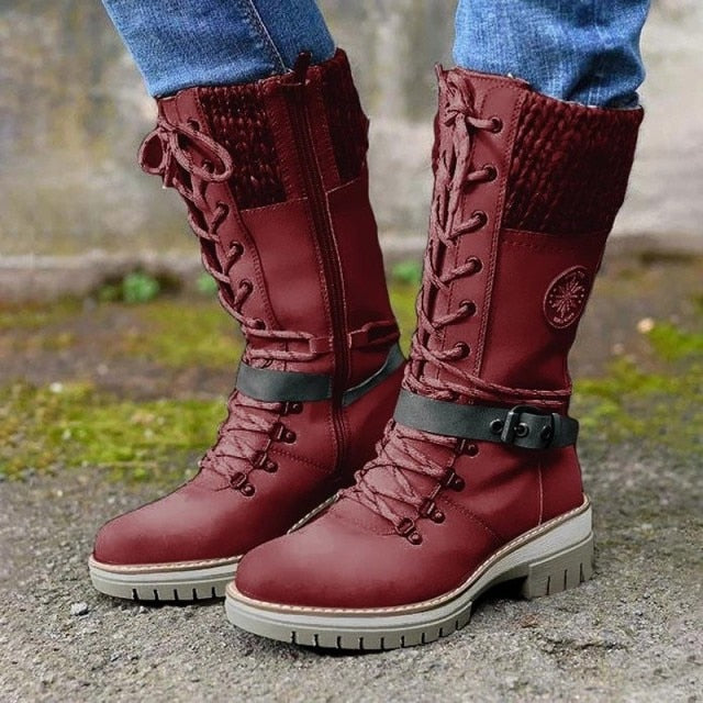 BUCKLE LACE KNITTED MID-CALF BOOTS