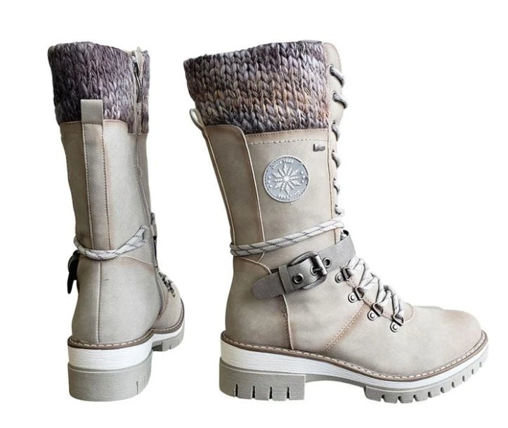 BUCKLE LACE KNITTED MID-CALF BOOTS