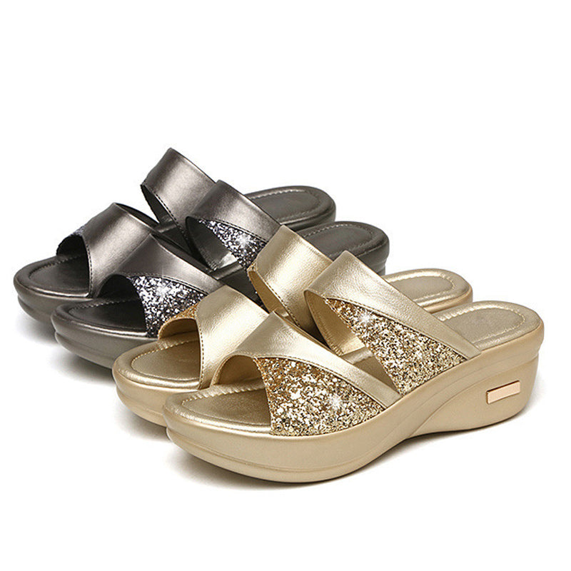 Summer Glitter PU Wedge Platform Comfortable Sandals For Women